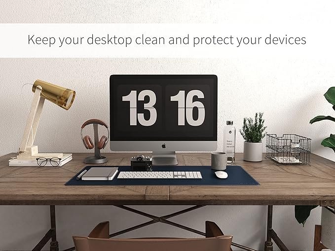 RENMTURE Dual-Sided Mouse Pad, Natural Cork & PU Leather Large Desk Pad for Office and Home Work, Desk Protector Non-Slip, Waterproof, Easy Clean (Dark Blue, 32"x16")