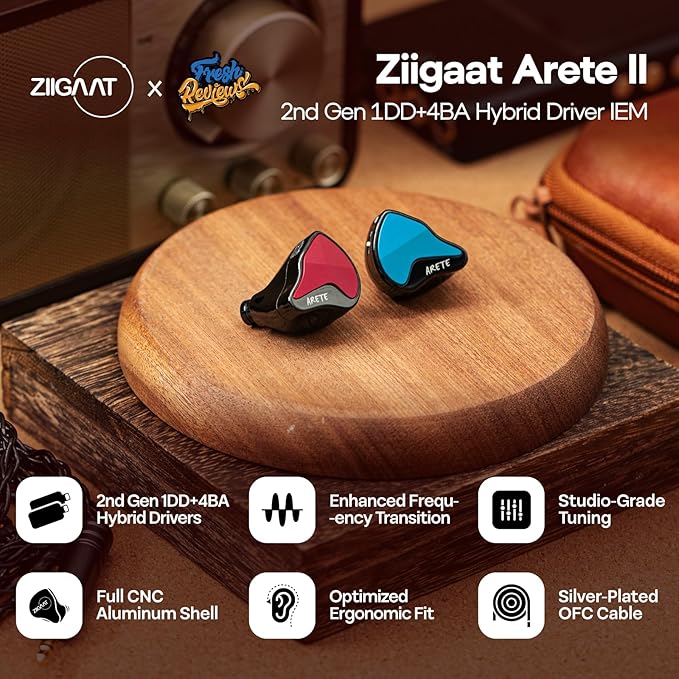 Linsoul ZiiGaat x Fresh Reviews Arete II IEM,2nd Gen 1DD+4BA Hybrid in Ear Monitor,Wired HiFi Earbuds,Full CNC Aluminum Shell Earphone with Detachable Silver-Plated OFC Cable for Musician (Red)