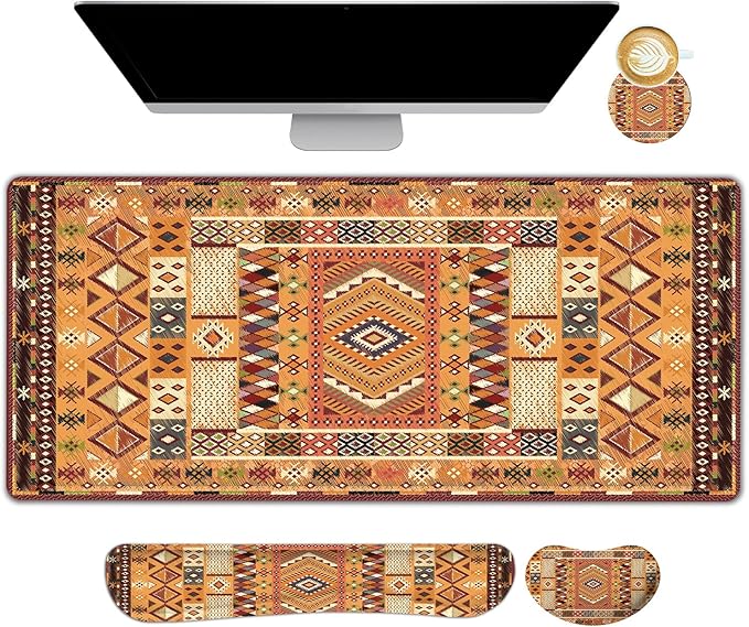 AIMSA Desk Mat Set, Large Mouse Pad + Mouse Wrist Rest + Keyboard Wrist Support + Coaster, Bohemian Style 4in1 Rug Gaming Mouse Pad Combo for Home Office, Orange