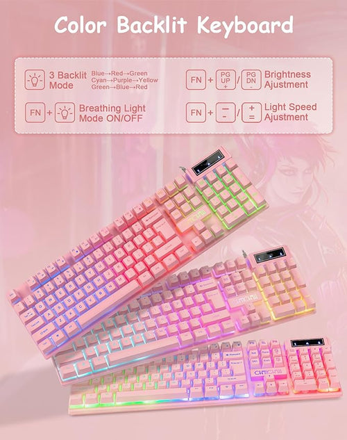 CHONCHOW Pink Gaming Keyboard and Mouse Combo with LED, 104 Keys Wired Light Up Pink Keyboard and Cute Mouse Set for PC Laptop Computer PS4 PS5 Xbox, 19 Keys Anti-ghosting, Multimedia Keys, Number Pad