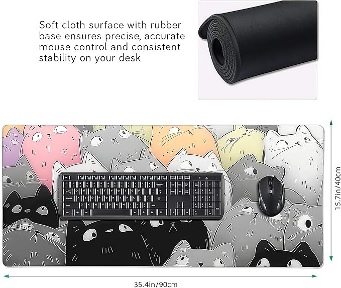 Large Mouse Pad with Cute Cat Design, Non-Slip Rubber Desk Mat, Rectangular Gaming Office Keyboard Pad, 35.4x15.7 Inches