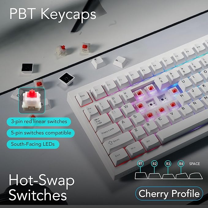 TECWARE Spectre 96% RGB Mechanical Gaming Keyboard | Customizable LCD Screen | Tri-Mode Wireless with Knob | Gasket Mount | South Face 5-Pin Hot-Swappable Sockets | White Candy Red Linear Switch