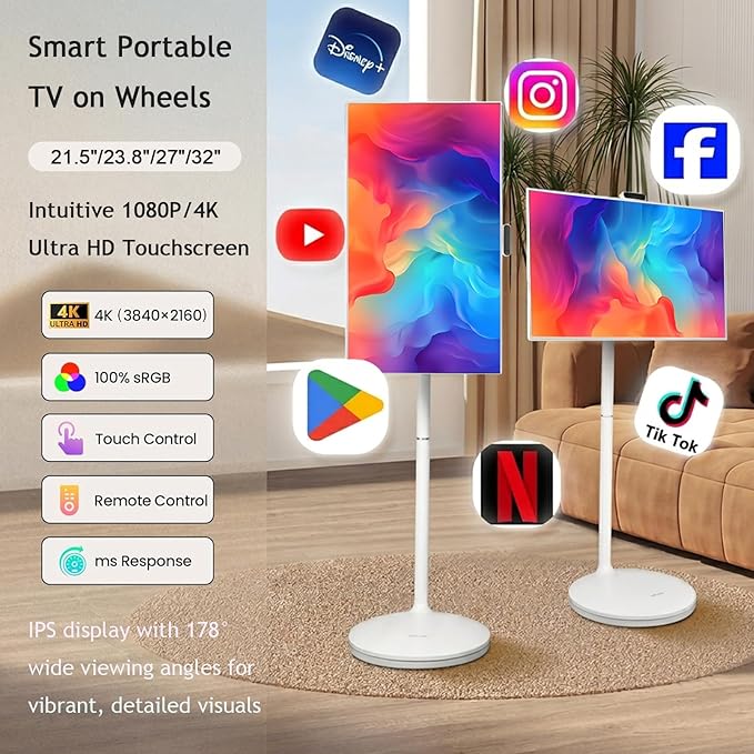 21.5"/24"/27"/32" UHD 1080P/4K Smart Portable TV, 8 GB RAM+128GB, Android 13, Portable Touch Screen Monitor, Larger Battery Up to 6-8hr, Full Swivel Rotation, Remote Control 21.5"