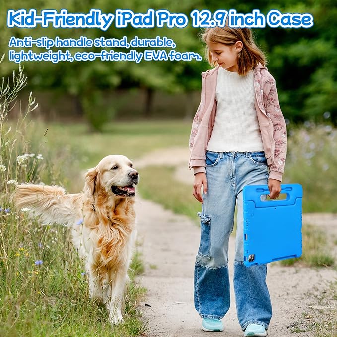 New Kids Case for iPad Pro 12.9 Case Super Protection iPad Pro 12.9 inch 6th 5th 4th 3th Cover with Pencil Holder and Handle Stand for iPad Pro 12.9 2022 2021 2020 2018 Blue
