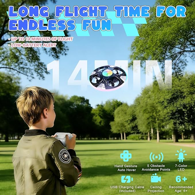 Mini UFO Drone for Kids – Safe RC Toy with 7 LED lighting modes, 360° Flips, Light Projection onto Ceilings, Auto Hover, Hand Gesture, 2 Batteries(14 Min Flight), Ideal Fun Gift for Kids