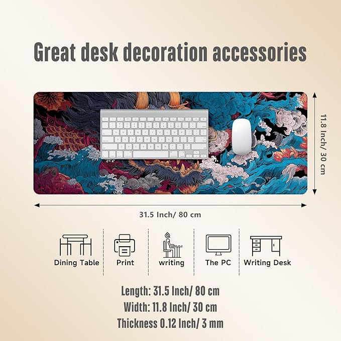 Extended Gaming Mouse Pad, Large Mouse Mat 3 mm Nature Rubber Base Mousepad with Stitched Edges, Non-Slip Desk Mat for Office Home Great Gift 31.5x11.8 Inch (Ukiyo-e Monster 3)