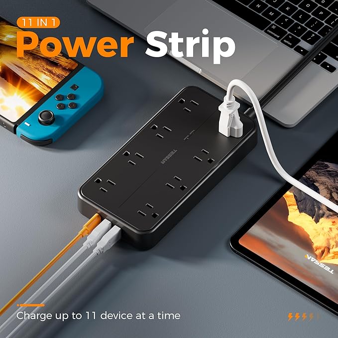 TESSAN Power Strip Surge Protector, 6FT Flat Plug Extension Cord with 8 Outlets 3 USB Charger(1 USB C), 1080 Joules Protection, Wall Mountable Charging Station for Home Office Dorm, Black