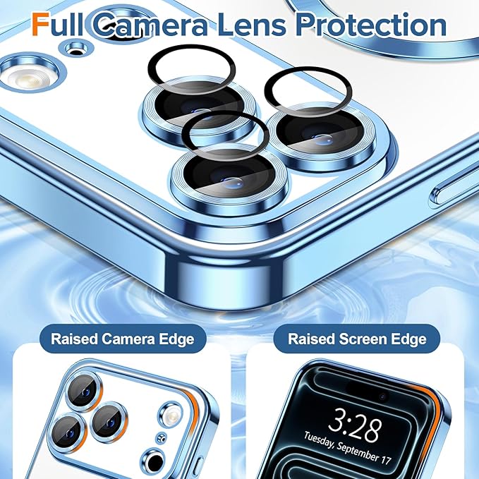 Hython Magnetic Clear for iPhone 17 Pro Max Case with Camera Lens Protector [Compatible with MagSafe] Plating Edge Slim Soft TPU Cover Protective Phone Case for iPhone 17 Pro Max 6.9", Light Blue