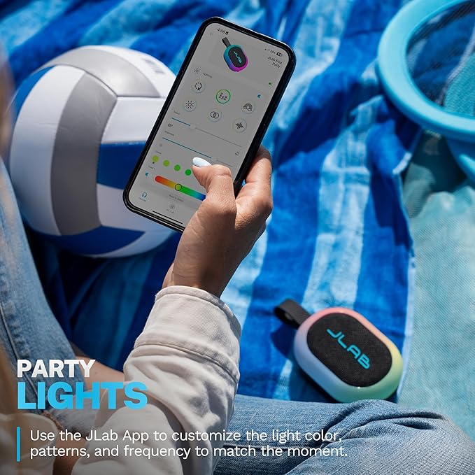 JLab, Pop Party, Portable Bluetooth Speaker, Waterproof IP55, Customizable RGB LED, Black