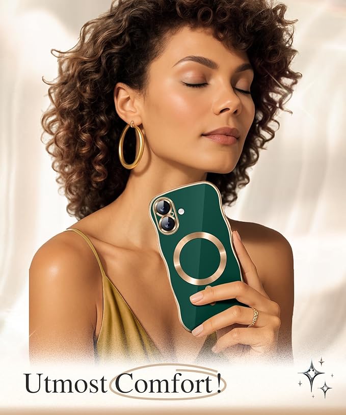 GVIEWIN for iPhone 17 Case Compatible with MagSafe, Upgraded [Full Camera Protection][Cute Wave Frame][Military Grade Protection] Electroplated Hard Phone Cover for Women Girl, Green