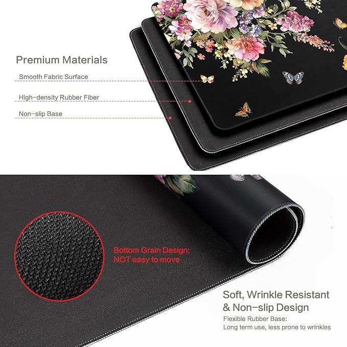 Pink Flower Desk Mat Mouse Pad Waterproof, Butterfly Floral XXL Extended Large Gaming Desk Pad Mousepad, Black Computer Laptop Keyboard Mouse Mat for Women Girls Work, Game, Office, Home 31.5x15.7 in