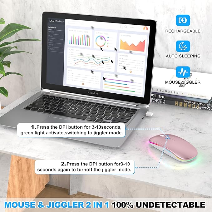 LED Bluetooth Wireless Mouse for MacBook Air Mac Pro Laptop iPad –Rechargeable Silent Light-Up Optical Mouse with Jiggler Dual Mode BT5.2 & USB-A/USB-C for Students, Kids, Girls, Boys – Rose Gold