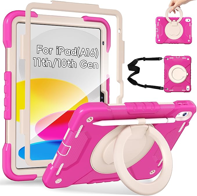Andnary Case for iPad (A16) 11th Generation 11 inch 2025/10th Generation 10.9 inch 2022, Shockproof Cover with Screen Protector/360° Rotate Handle/Bracket/Pen Holder/Shoulder Strap (Rose Red+White)