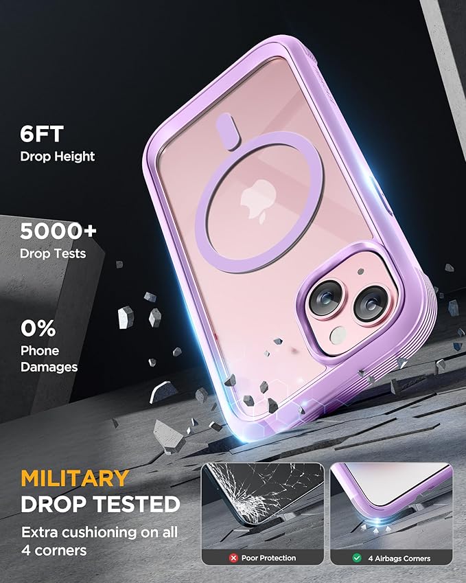 Miracase Magnetic for iPhone 15 Plus Case 6.7'' [Compatible with Magsafe] Full-Body Military Drop Proof 15 Plus Phone Case Cover with Built-in 9H Tempered Glass Screen Protector,Light Purple