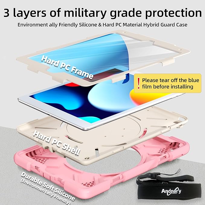 Andnary Case for iPad 9th/8th/7th Generation 10.2 inch, Shockproof Cover with Screen Protector/360° Rotate Stand/Pencil Holder/Shoulder Strap, Kids Case for iPad 2021/2020/2019 (Pink+White)