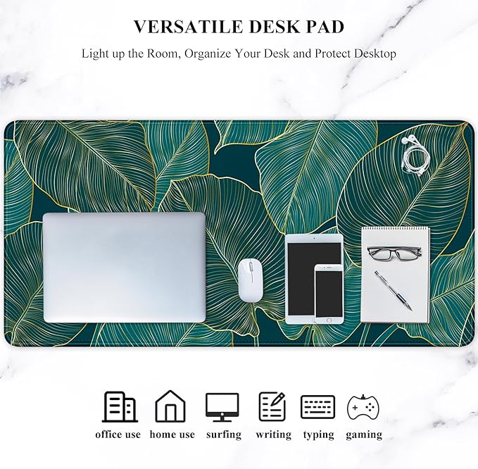 Auhoahsil Desk Mat, Ultra Large Mouse Pad, XXL Gaming Mousepad, Green Tropical Leaves Deskpad, Big Extended Full Size Mouse Pad, Desktop Desk Matt for Keyboard, Laptop & Computer, 35.5 x 15.7 in