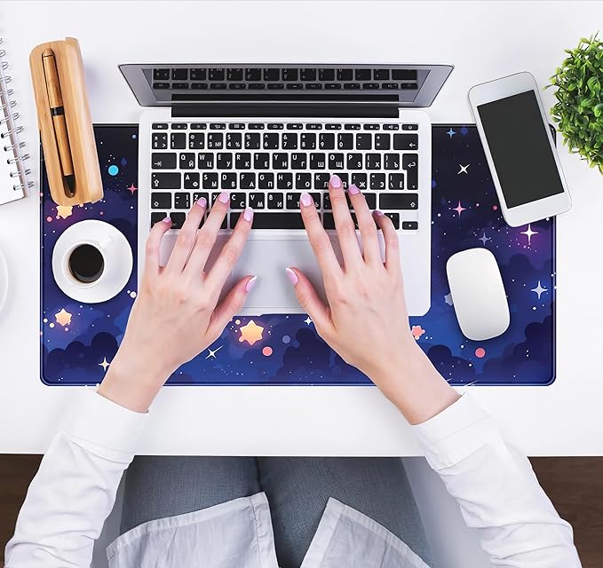 Blue Stars Desk Mat Cute Cloud Desk Pad, Aesthetic Starry Sky Mouse Mat Gaming Mousepad XXL, Extra Large Deskktop Mats for Keyboard and Mouse, Computer Laptop Mat Kawaii Desk Decor 31.5"x15.75"