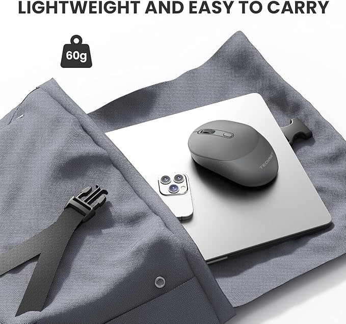 TECKNET Bluetooth Wireless Mouse, Bluetooth 5.0 & 2.4G USB Receiver, Compact & Portable, Silent Click, Ergonomic Symmetrical Design, 18-Month Battery, Adjustable DPI, Wide Compatibility - Grey
