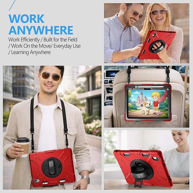 Case for iPad (A16) 11th/10th Generation Case: Protective Cover for iPad 11th Gen 11 Inch 2025 &10th Gen 10.9" 2022 with Screen Protector- Stand- Shoulder Strap- Handle- Pencil Holder-Black+Red