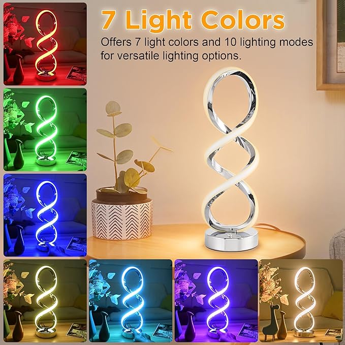 Modern Spiral RGB Table Lamp, Touch Dimmable Bedside Lamp, 7 Colors 10 Light Modes Spiral Design Table Lamp, Unique Nightstand Lamp for Living Room, Bedroom, Cool Lamps, Silver