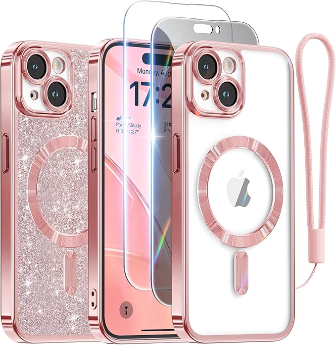 Meifigno Magnetic Case for iPhone 15 Plus 6.7’’, [Compatible with MagSafe] [1X HD+1X Privacy Screen Protectors] [Glitter Card & Wrist Strap] Surround Lens Protection for iPhone 15 Plus Case, Rose Gold