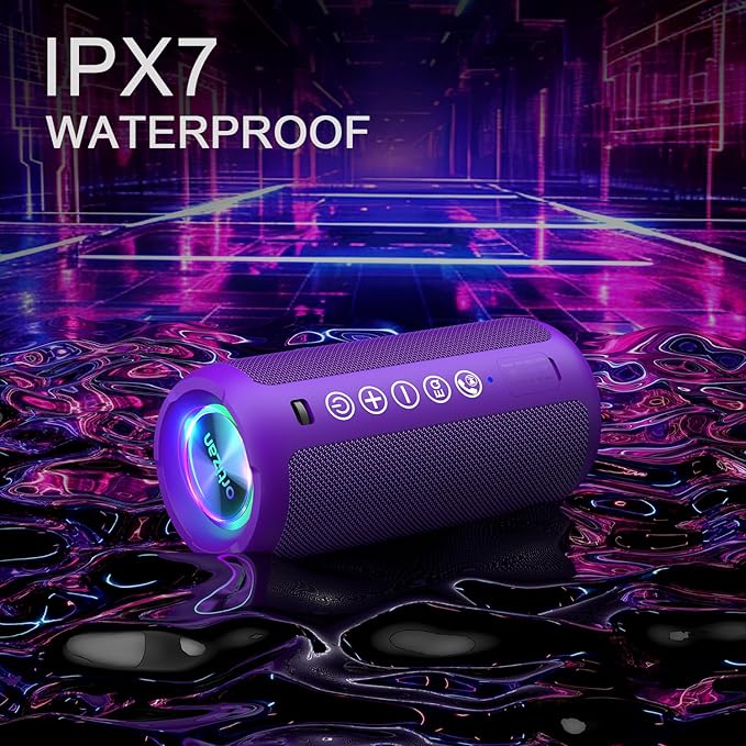 Ortizan Portable Bluetooth Speaker: IPX7 Waterproof, 24W Loud Sound, Deep Bass, Bluetooth 5.3, LED Lights, Wireless Stereo Pairing, 30H Playtime, for Home/Outdoor/Party/Beach, Birthday Gift, Purple