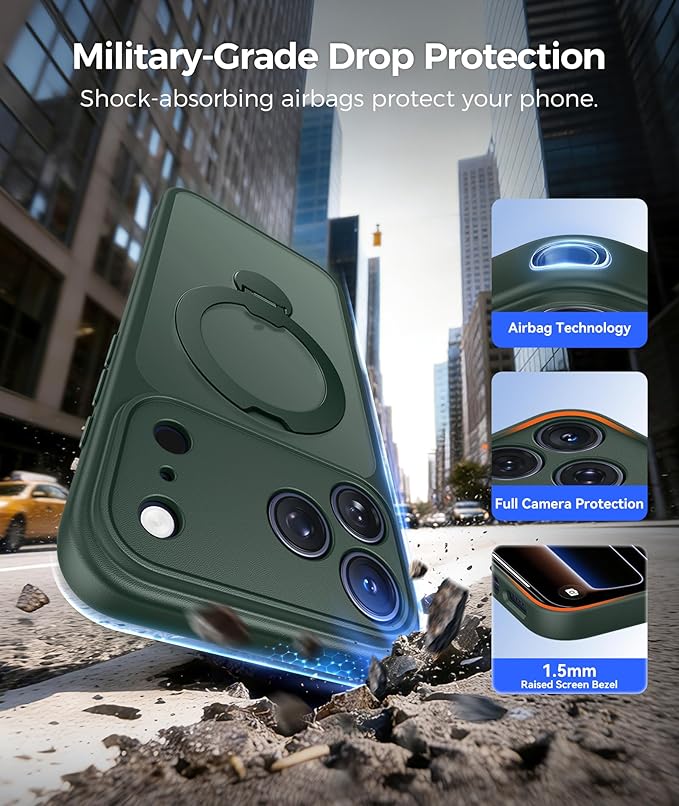 FNTCASE for iPhone 17 Pro-Max Case: [360 Spin Magnetic Stand] [Compatible with Magsafe] [Screen Protector] Translucent Matte Military Grade Shockproof Full Camera Protective Phone Cover - Green
