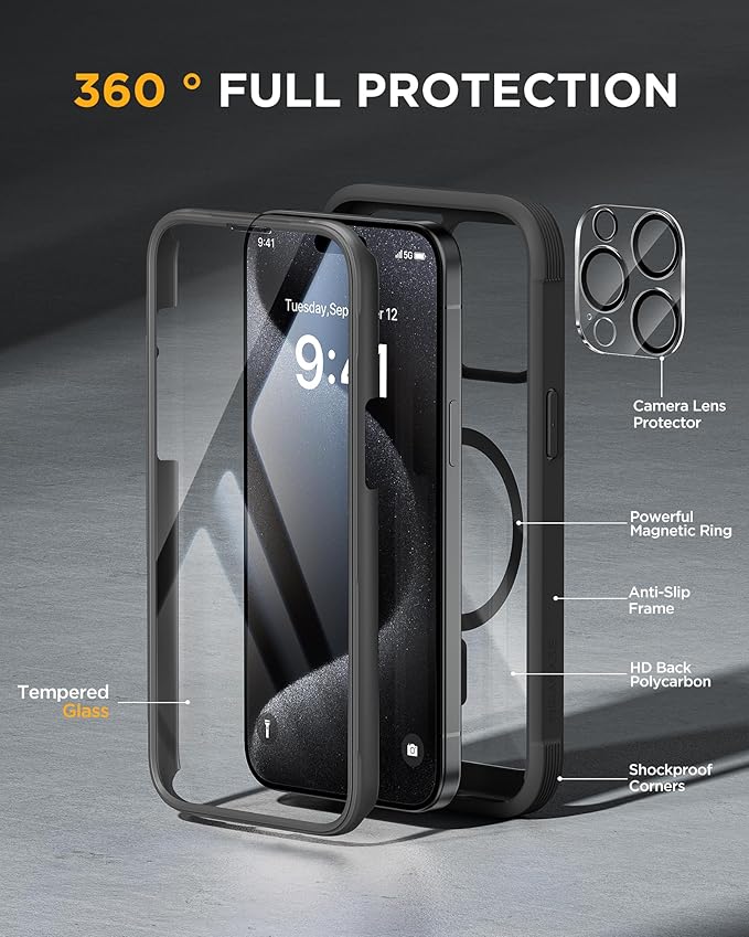 Miracase Magnetic for iPhone 15 Pro Case Full-Body Phone Case with Built-in Glass Screen Protector & Camera Protector, [Compatible with MagSafe] Military Drop Proof 15 Pro Cover Bumper 6.1 inch, Black