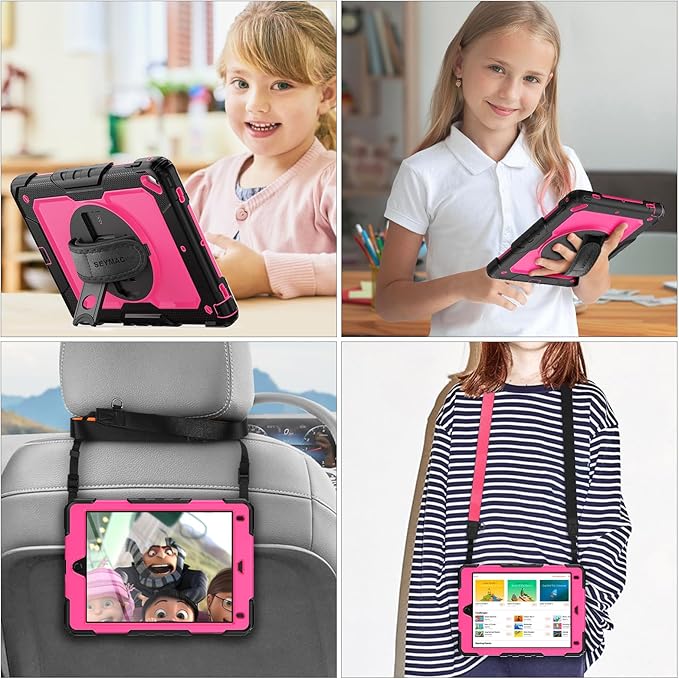 SEYMAC stock Case for iPad 6th / 5th Generation Case/Air 2 / Pro 9.7 inch, Heavy Duty Protective with Screen Protector, with Pencil Holder, Hand Strap, Shoulder Strap, 360 Rotate Stand, Pink+Black