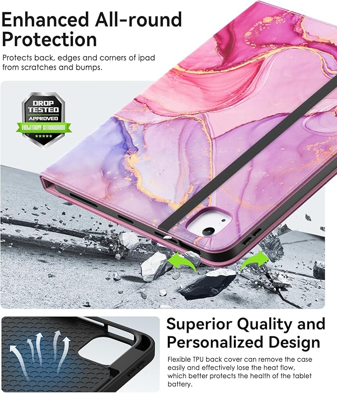 ZoneFoker Case for iPad Air 11-inch M3/ M2 (2025/2024), iPad Air 5th/ 4th Generation 10.9'' (2022/2020), iPad Pro 11 (4th/3rd/2nd/1st Gen), Multi-Angle Stand Cover with Pencil Holder, Marble Pink