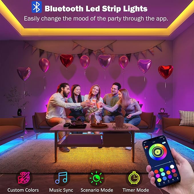 Leeleberd 130 ft Led Lights for Bedroom,(2 Rolls of 65FT) Bluetooth Smart APP Control Color Changing RGB Led Strip Lights with Remote Control Led Lights for Room Kitchen Party Home Decoration