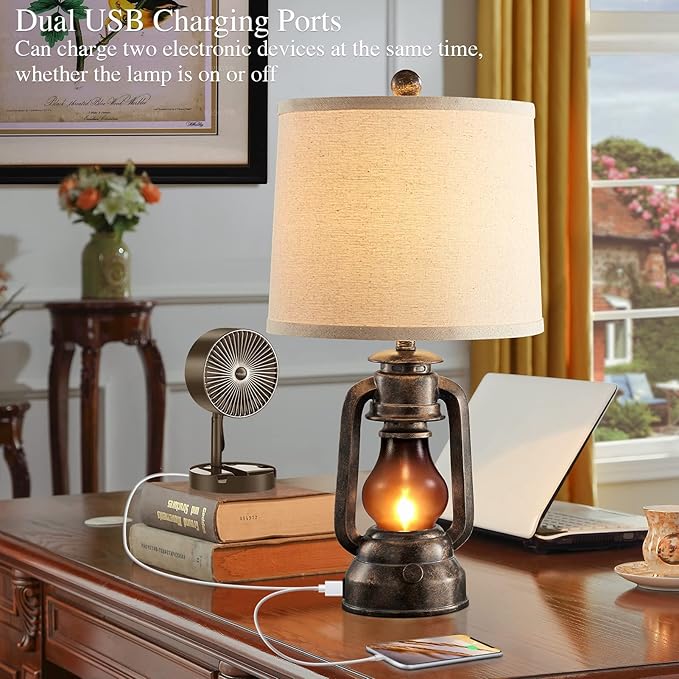 Farmhouse Lantern Table Lamps for Living Room Set of 2, Vintage Bedroom Resin Lamp with Dual USB Charging Ports, Rustic Retro Bedside Nightstand Desk Lamp, 4 Bulb Included