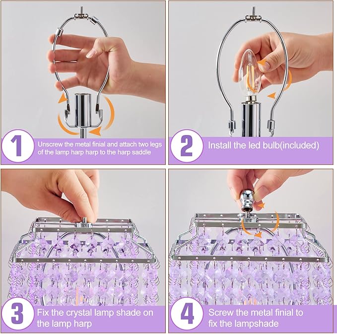 Luvkczc Purple Bedside Crystal Table Lamp Set of 2, Touch Control Lamps,Dimmable Lamp with Crystal Shade for Bedroom, Girl Living Room, 6W B11 Bulb Included