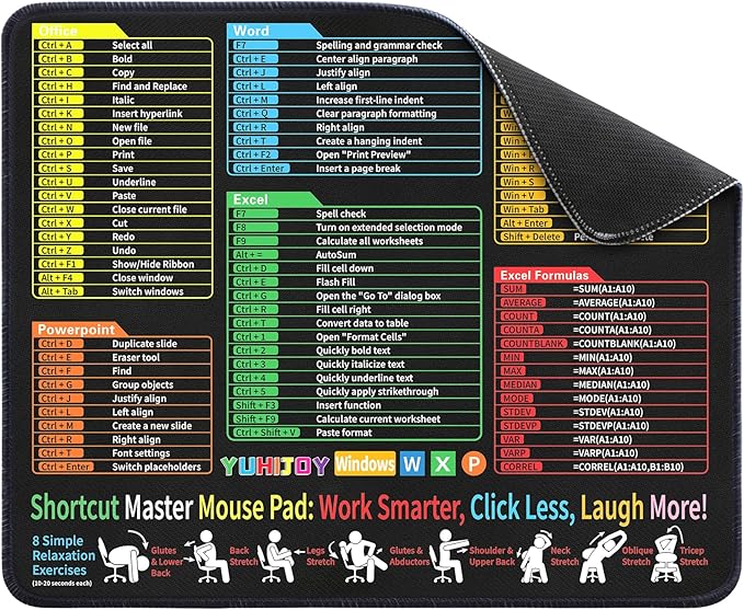 Excel Cheat Sheet Desk Pad - Mouse Pad - Excel Cheat Sheet Desk Mat, Non-Slip Base Mousepad Suitable for Office, Computer Games, Desk Mat and More (1, 11.8" x 9.84")