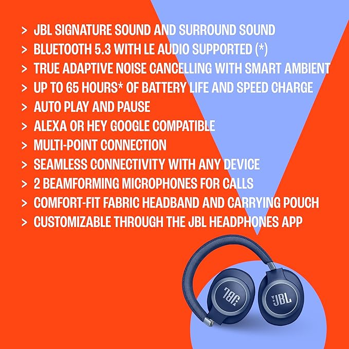 JBL Live 770NC - Wireless Over-Ear Headphones with True Adaptive Noise Cancelling with Smart Ambient, Up to 65 Hours of Battery Life, Comfort-fit Fabric Headband & Carrying Pouch (White)
