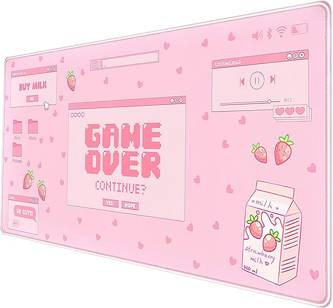 Pink Kawaii Anime Gaming Mouse Pad XXL, Strawberry Milk Mousepad Large, Aesthetic Laptop Keyboard Mats, Full Desk Mouse Mat for Women Girl 31.5X15.7 in
