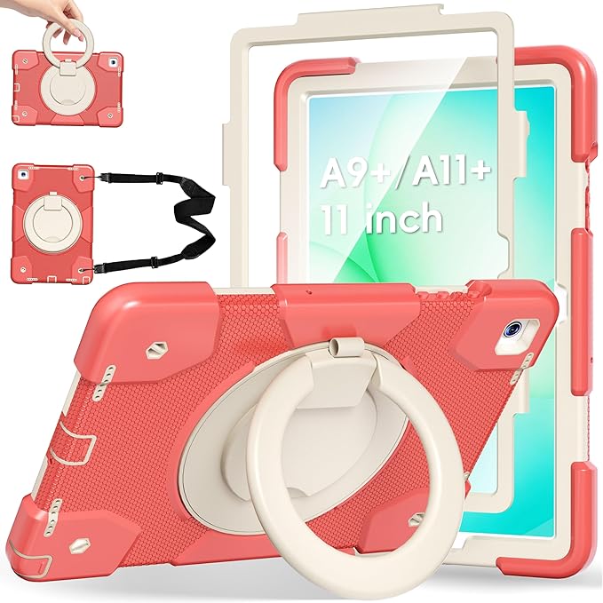Andnary Case for Samsung Galaxy Tab A11+ Plus/A9+ 11 Inch 2025/2023, Tablet Case for Samsung Galaxy A9 Plus/A11+ with Screen Protector/360° Rotating Stand/Pen Holder/Shoulder Strap (Orange)