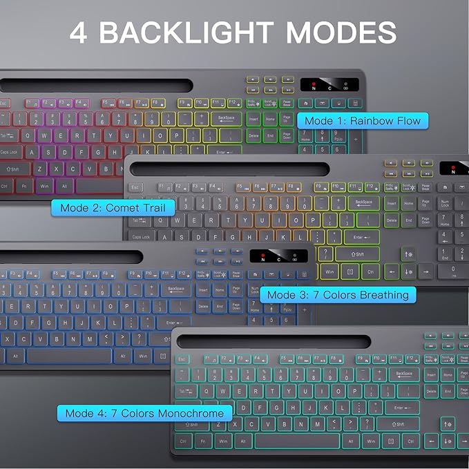 Soueto Wireless Keyboard with 7-Color RGB Backlit, Full-Size Computer Keyboard with Phone Tablet Holder, 2.4G Rechargeable Gaming Keyboard with Light Up Keys, Compatible with Mac, Windows (Grey)