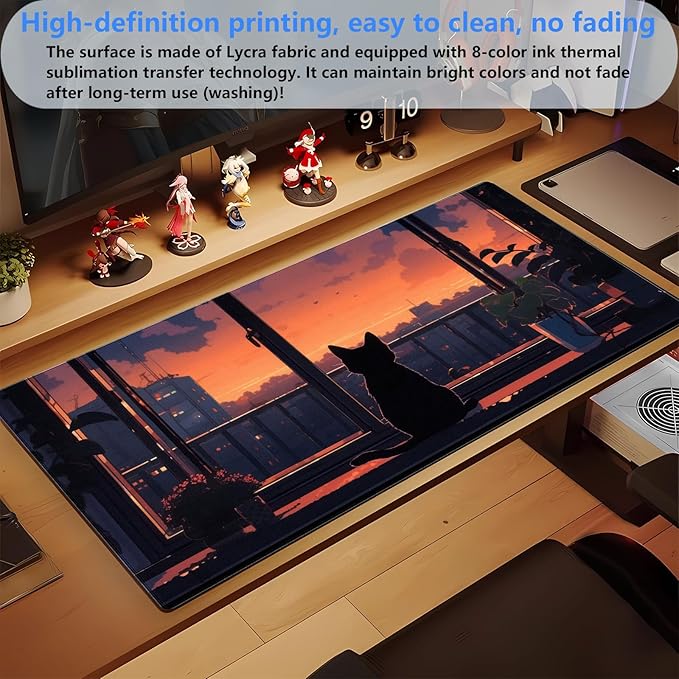Lofi Aesthetic Desk Mat Cat Mouse pad Cute Orange Anime Mouse Pad Extra XL Large Gaming Mousepad for Desk 31.5''X15.7'' Laptop Computer Keyboard and Mouse Mat for Desk Decoration