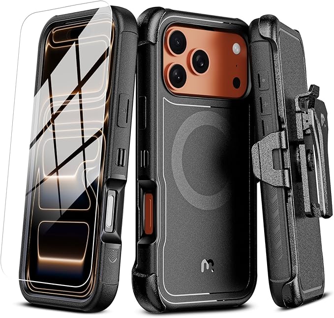 M MYBAT PRO For iPhone 17 Pro Max Case with Belt Clip Holster, Maverick Series 17 Pro Max Case[Compatible with Magsafe]w/Screen Protector,Anti-Drop,with 360°Rotating Kickstand,Heavy Duty Protection