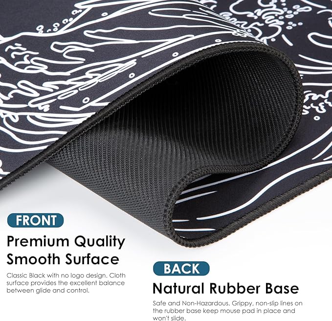 Waterproof Mouse Pad, Japanese Sea Wave Large Keyboard Pad with Anti-Slip Base, Extended Kanagawa Mat Desk Pad, for Gamer, Office & Home, Off to College/Back to School, 35.43"x15.75"