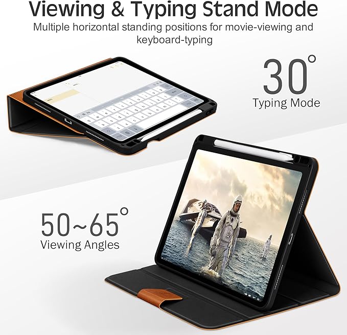 KingBlanc Case for iPad Pro 11 inch (M5 2025/M4 2024) with Pencil Holder, Vegan Leather Smart Stand Cover, Auto Sleep Wake, Support Pencil Pro/(USB-C), Viewing/Typing Angle, Durable Protection, Brown