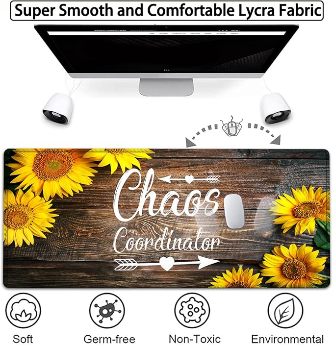 Large Gaming Mouse Pad, 31.5x11.8 in Extended Computer Mouse Mat with Non-Slip PU Base, Ergonomic Memory Foam Keyboard Wrist Rest, for Work & Gaming, Sunflower Chaos Coordinator Office Desk Pad