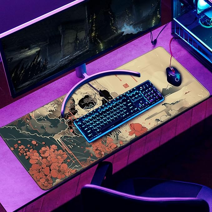 Skull Mouse Pad Japanese Ukiyo-e Mouse Pad XL Anime Big Mouse Pads for Desk Large Gaming for Men Desk Pad with Stitched Edges Non-Slip Large Computer Mat, 31.5x11.8 in