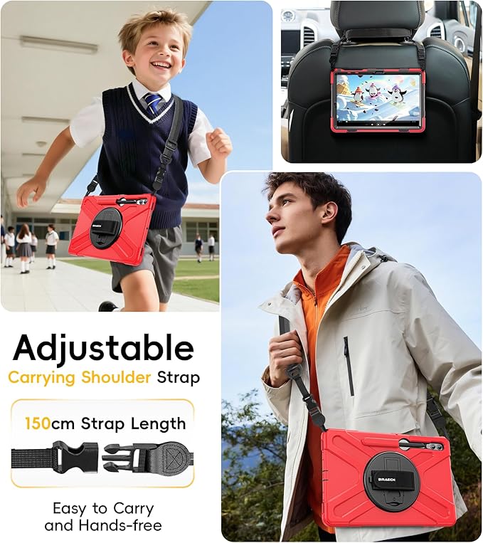 BRAECN for Samsung Galaxy Tab S10 Plus Case 2024/S9 Plus/S9 FE+/S8 Plus/S7 Plus /S7 FE 12.4 Inch,Heavy Duty Shockproof Case with S Pen Holder&360 Rotating Hand Strap/Kickstand Shoulder Strap,Red