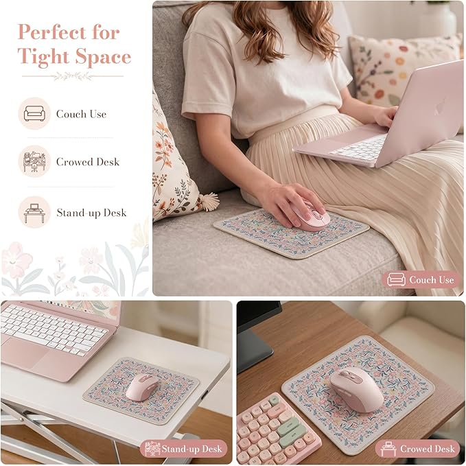 iCasso Aesthetic Small Floral Mouse Pad, Pink Mini Portable Travel Mousepad, Anti-Slip and Comfortable Cloth Mouse Mat 7.9"x9.5" with Stitched Edges for Computer, Laptop, Office, Home(Pink Floral)