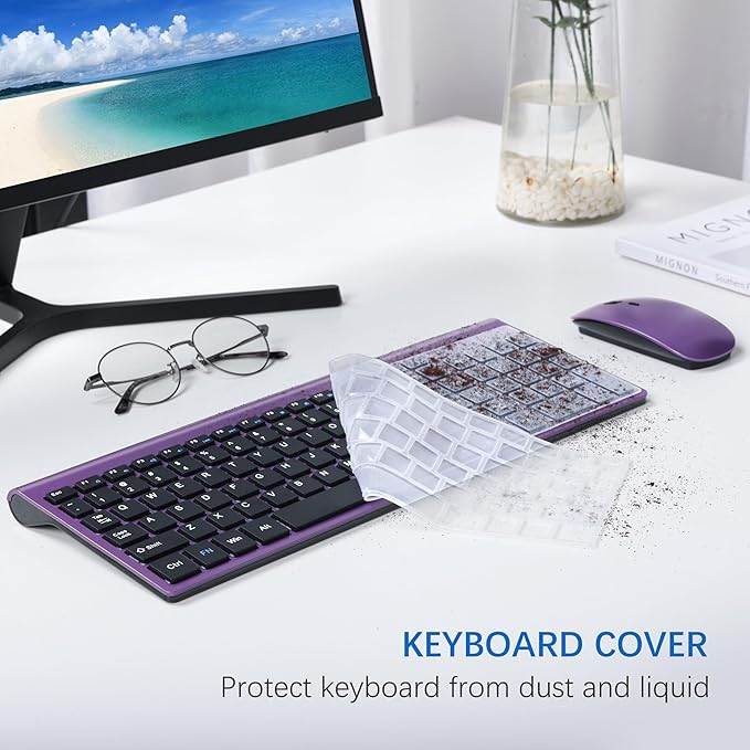Wireless Keyboard and Mouse Ultra Slim Combo, TopMate 2.4G Silent Compact USB 2400DPI Mouse and Scissor Switch Keyboard Set with Cover, Batteries Included, for PC/Laptop/Windows/Mac - Purple Black