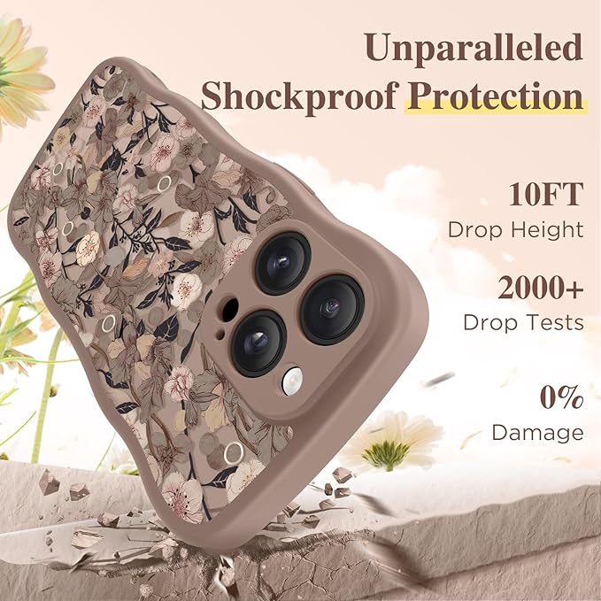 GVIEWIN for iPhone 14 Pro Max Case Compatible with MagSafe [Curly Wave Edge][Full Camera Protection] Floral Translucent Shockproof Magnetic Women Phone Case for 14 Pro Max, Apricot Blossom/Brown