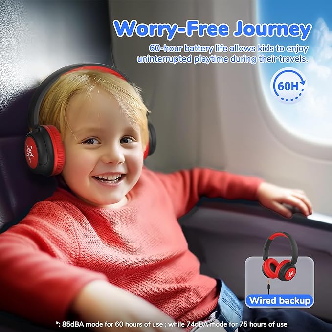 iClever BTH22 Kids Bluetooth Headphones, 60H Play Time, 74/85 dBA Safe Volume, Bluetooth 5.4, USB C, Over Ear Kids Headphones Wireless with Mic AUX Cord for iPad/Tablet/Travel/School, Red