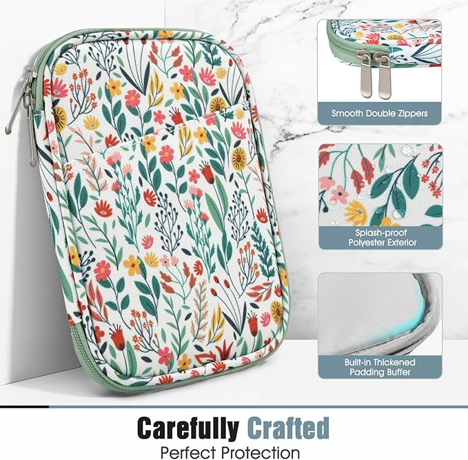 TiMOVO 6-7 Inch Tablet Sleeve for eReader Book Paperwhite/Colorsoft Signature Edition, Protective Sleeve Cover Case with Pocket for E-Reader/Oasis & Kobo Devices, Flowers